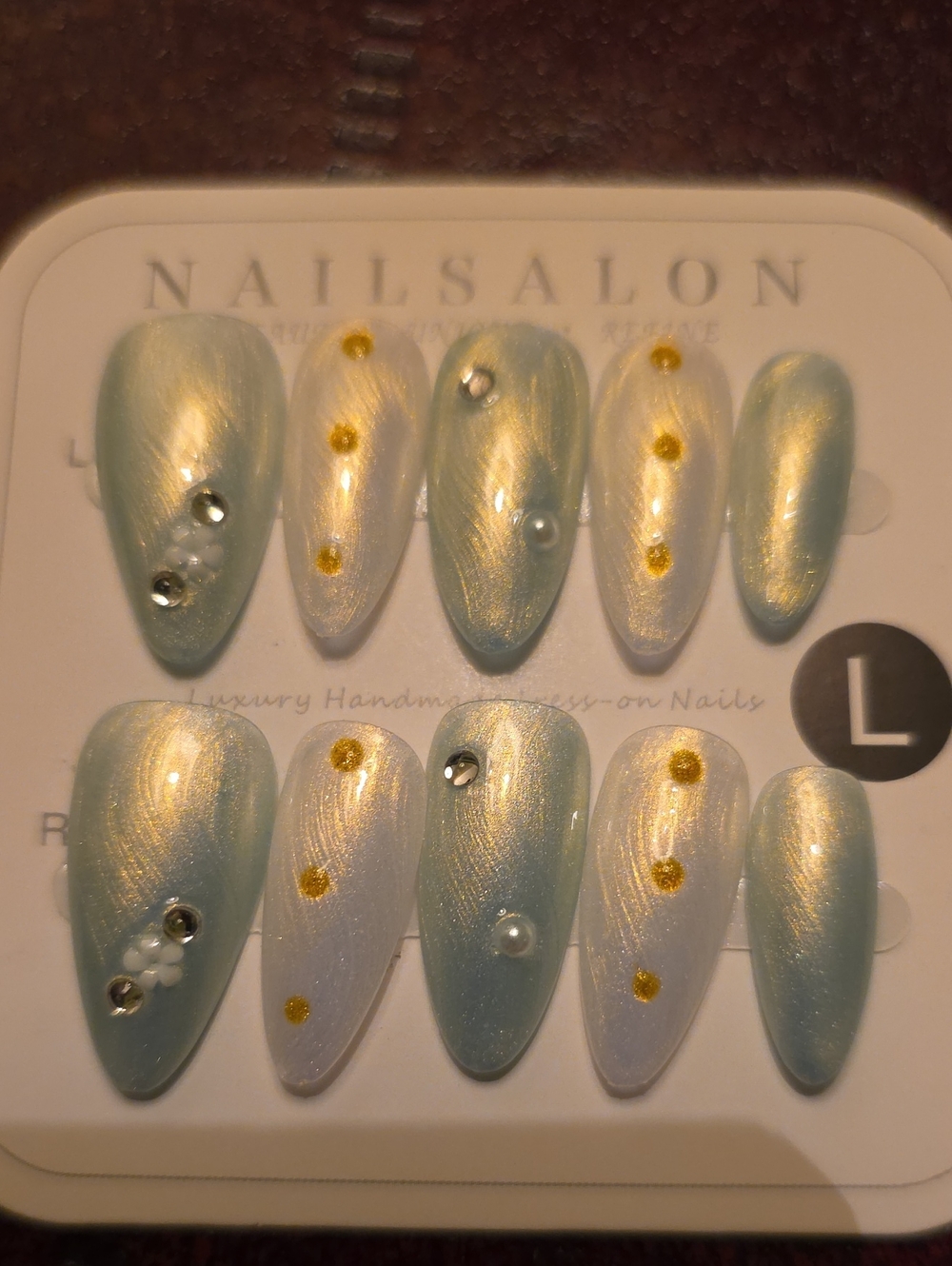 Press-On Nail Set - Pearl Blue & Iridescent White - Size Large